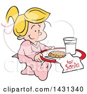Cartoon Happy Blond Caucasian Girl Carrying A Cookie And Glass Of Milk For Santa