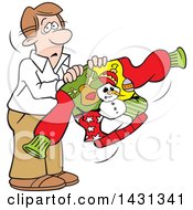Clipart Of A Cartoon Unhappy Caucasian Man Holding An Ugly Christmas Sweater Royalty Free Vector Illustration by Johnny Sajem