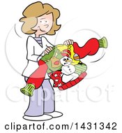 Poster, Art Print Of Cartoon Happy Festive Caucasian Woman Holding An Ugly Christmas Sweater