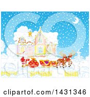 Poster, Art Print Of Scene Of Reindeer Waiting As Santa Loads His Sleigh With Christmas Gifts In Front Of His Home In The Snow