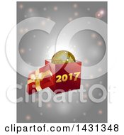 Poster, Art Print Of 3d Open Gift Box With A Gold Disco Ball And New Year 2017 Over Flares
