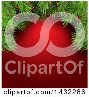 Clipart Of A Red Christmas Background With Fir Tree Branches Snow And Berries Royalty Free Vector Illustration