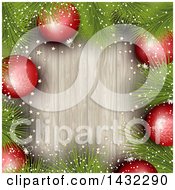 Poster, Art Print Of Border Of 3d Red Snowflake Christmas Baubles And Pine Branches Over Wood