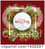 Poster, Art Print Of Merry Christmas Greeting In A White Circle Over Branches With Snowflakes On Red