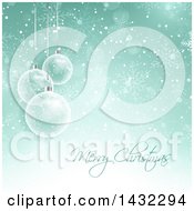 Poster, Art Print Of Merry Christmas Greeting With 3d Transparent Glass Baubles And Snow On Green