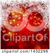 Poster, Art Print Of Red Christmas Background With Bokeh Flares With White Snowflakes
