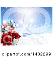 Clipart Of A Background With 3d Christmas Gifts Over Snow And Sunshine Royalty Free Illustration