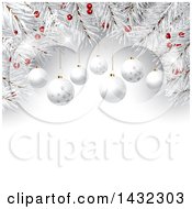 Poster, Art Print Of 3d Christmas Border Background Of White Branches With Red Berries And Suspended Baubles Over Text Space