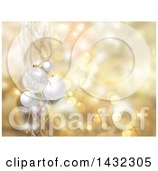 Poster, Art Print Of Christmas Background Of 3d White Babules And Ribbons Over Golden Bokeh Flares