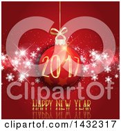 Clipart Of A Happy New Year 2017 Greeting With A 3d Star Christmas Bauble Over White Snowflakes On Red Royalty Free Vector Illustration