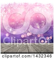Poster, Art Print Of 3d Wood Table Over Gradient Purple And Pink With Snowflakes And Bokeh Flares