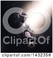 Clipart Of A 3d Silver Robot Resting His Foot On A Soccer Ball In Dramatic Lighting Royalty Free Illustration