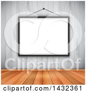 Poster, Art Print Of 3d Blank Picture Frame On A White Wood Wall Over Warm Wooden Flooring