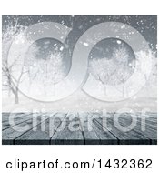 Poster, Art Print Of 3d Winter Landscape A Wood Deck And Falling Snow
