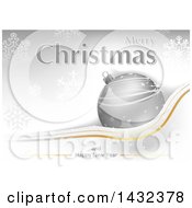 Clipart Of A Merry Christmas And Happy New Year Greeting With A Silver Bauble Ornament Over Snowflakes Royalty Free Vector Illustration