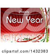 Clipart Of A Happy New Year Greeting With Streamers And Confetti Over Red Royalty Free Vector Illustration