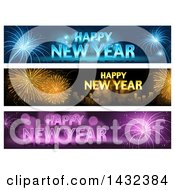 Clipart Of Blue Gold And Purple Happy New Year Greeting And Firework Website Header Banners Royalty Free Vector Illustration