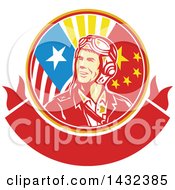 Poster, Art Print Of Retro Wwii Male Aviator Pilot In An American And Chinese Flag Circle Over A Blank Banner