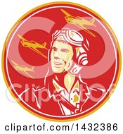 Clipart Of A Retro WWII Male Aviator Pilot And Fighter Planes In A Yellow Red And White Circle Royalty Free Vector Illustration by patrimonio