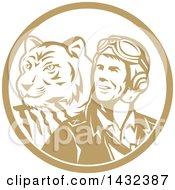 Poster, Art Print Of Retro Wwii Male Aviator Pilot And Tiger In A Tan And White Circle