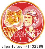 Poster, Art Print Of Retro Wwii Male Aviator Pilot And Tiger In A Yellow Red And White Circle