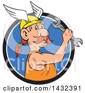 Clipart Of A Cartoon Viking Repair Man Holding A Wrench In A Black White And Blue Circle Royalty Free Vector Illustration by patrimonio