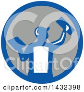 Poster, Art Print Of Rear View Of A Retro Male Plasterer Worker Using Trowels In A Blue White And Gray Circle