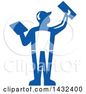 Poster, Art Print Of Rear View Of A Retro Male Plasterer Worker Using Trowels In Blue And White