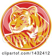 Poster, Art Print Of Retro Tiger In A Yellow Red And White Circle