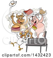 Poster, Art Print Of Cow Pig And Chicken Celebrating Eating Bbq Ribs Burgers And Chicken