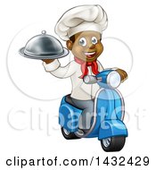 Cartoon Happy Black Male Chef Holding A Cloche Platter And Riding A Scooter
