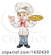 Clipart Of A Cartoon Full Length Happy White Female Chef Gesturing Perfect And Holding A Pizza Royalty Free Vector Illustration