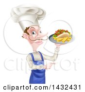 White Male Chef With A Curling Mustache Holding A Souvlaki Kebab Sandwich And French Fries On A Tray And Pointing