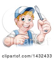 Clipart Of A Cartoon Happy White Male Electrician Holding Up A Screwdriver And Pointing Royalty Free Vector Illustration by AtStockIllustration