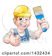 Cartoon Happy White Male Painter Holding Up A Brush And Giving A Thumb Up