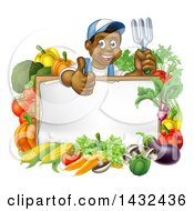 Poster, Art Print Of Cartoon Happy Black Male Gardener Holding Up A Garden Fork And Giving A Thumb Up Over A Blank White Sign With Produce