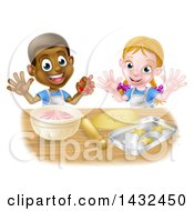 Clipart Of A Cartoon Happy Black Boy And White Girl Baking Star Shaped Cookies Royalty Free Vector Illustration