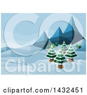 Poster, Art Print Of Geometric Polygon Styled Winter Landscape With Mountains And Evergreen Trees
