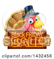Poster, Art Print Of Thanksgiving Turkey Bird Wearing A Pilgrim Hat And Holding A Black Friday Sale Sign