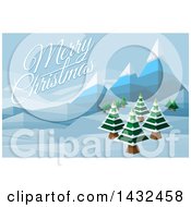 Poster, Art Print Of Merry Christmas Greeting Over A Geometric Polygon Styled Winter Landscape With Mountains And Evergreen Trees