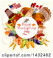 Poster, Art Print Of Happy Thanksgiving Day Greeting In A Circle With American And Canadian Flags And Food