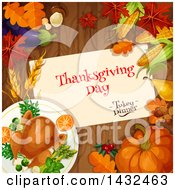 Poster, Art Print Of Festive Thanksgiving Design With A Roasted Turkey Leaves And Produce On Wood