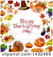 Clipart Of A Happy Thanksgiving Day Greeting In A Border With Leaves And Food Royalty Free Vector Illustration by Vector Tradition SM