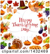 Poster, Art Print Of Happy Thanksgiving Day Greeting In A Border With Leaves And Food
