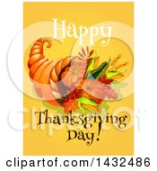Clipart Of A Happy Thanksgiving Day Greeting And Cornucopia On Yellow Royalty Free Vector Illustration