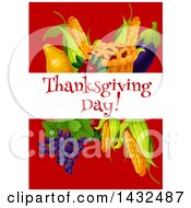 Poster, Art Print Of Thanksgiving Day Banner Over A Thanksgiving Pie Corn Eggplant Grapes Cranberries And Pear On Red