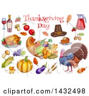 Poster, Art Print Of Thanksgiving Day Text Over Sketched Food Items