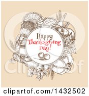 Poster, Art Print Of Sketched Round Frame With Happy Thanksgiving Day Text Over Produce And Thanksgiving Items