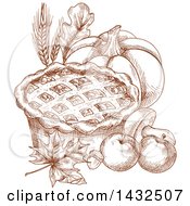 Clipart Of A Sketched Thanksgiving Pie Pumpkin Wheat Leaves And Apples Royalty Free Vector Illustration