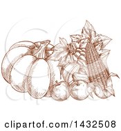 Poster, Art Print Of Sketched Brown Pumpkin Apples Mushroom Grapes Leaves Acorn And Corn